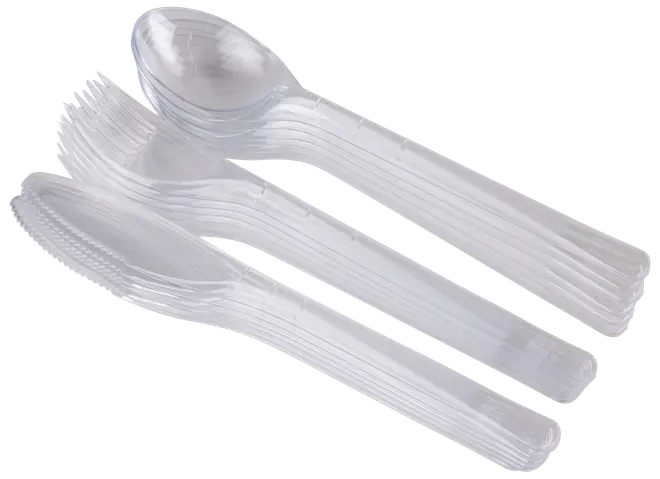 Sæt med gennemsigtigt plastikbestik: gafler, skeer og knive. Let, engangs og ideel til fester, picnic eller take-away. Transparent design for et enkelt udseende.