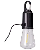 Portabel LED-arbetslampa med svart plasthölje, klar konisk glödlampa, upphängningskrok och ansluten strömkabel. Passar verkstad, garage eller utomhusbruk.