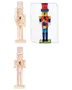 Umalet træ-nøddeknækkerfigur, høj med høj hat, stående på rektangulær fod. Eksempel på malet version med klare farver og detaljer vises.