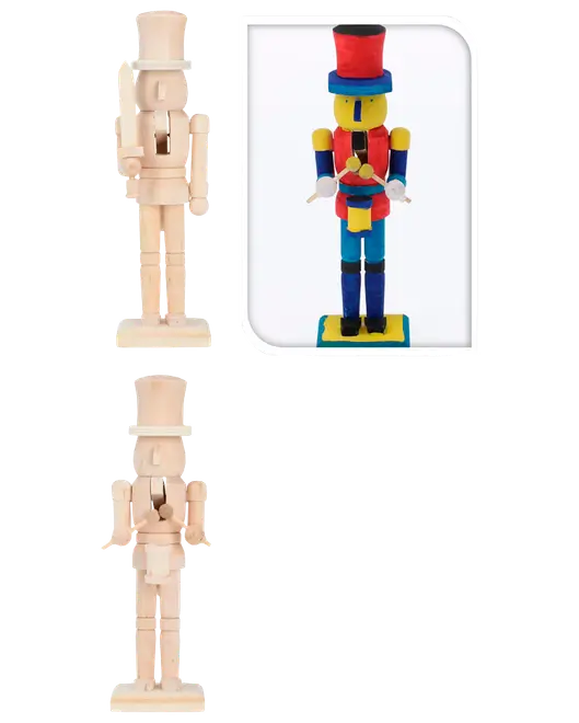 Umalet træ-nøddeknækkerfigur, høj med høj hat, stående på rektangulær fod. Eksempel på malet version med klare farver og detaljer vises.