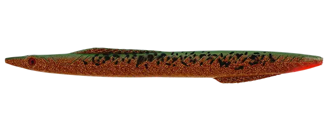 Lang slank fiskesluk med orangebrun glimmerfinish, grøn ryg, sorte markeringer, rødt øje og tilspidset hale.