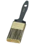 Flad pensel med syntetiske børster, sort plastikhåndtag og gyldent metalbånd. Håndtaget har hul til ophæng og er mærket med mærke og størrelse (50 mm).
