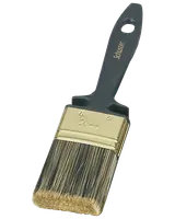 Platt pensel med syntetiska borst, svart plasthandtag och guldfärgat metallfäste. Handtaget har upphängningshål och är märkt med märke och storlek (50 mm).