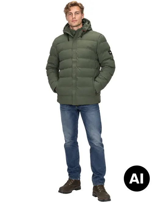Herrejakke i olivengrøn quiltet pufferdesign med hætte, lynlåslukning, sidelommer og elastiske manchetter. - Billedet er skabt med AI