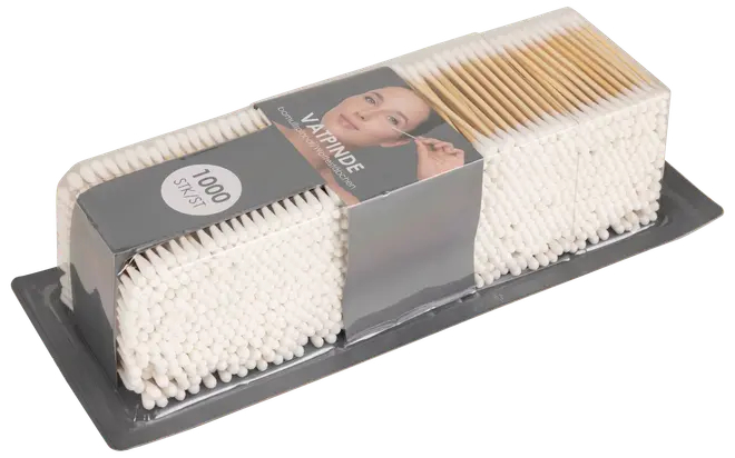 Pakke med 1000 vatpinde med hvide ender og papirstænger, pænt arrangeret i en rektangulær plastbakke, velegnet til personlig pleje og hygiejne.