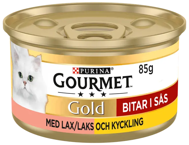 Guldburk Purina Gourmet kattmat, 85g, med lax och kyckling i sås. Bild på vit katt och färgglad etikett med produktinformation.