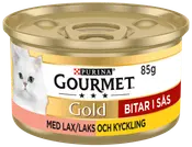 Guldburk Purina Gourmet kattmat, 85g, med lax och kyckling i sås. Bild på vit katt och färgglad etikett med produktinformation.