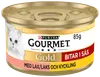 85g burk Purina Gourmet Gold kattmat, nötkött i sås, guld och röd etikett, bild på vit katt, enkel öppningsflik på locket.