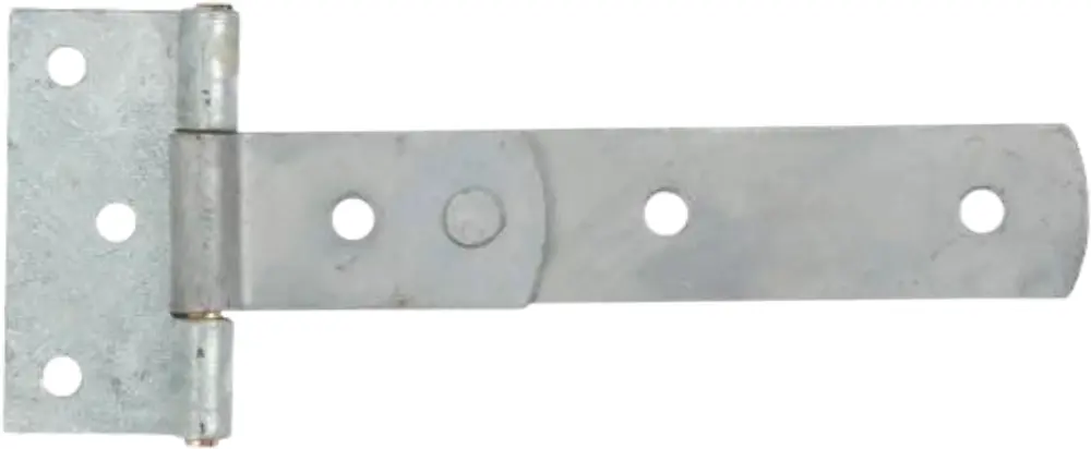 Galvaniserat T-gångjärn i stål med fem monteringshål, passar för grindar eller dörrar. Rektangulär basplatta och lång rak arm för stabil montering.