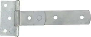 Galvaniserat T-gångjärn i stål med fem monteringshål, passar för grindar eller dörrar. Rektangulär basplatta och lång rak arm för stabil montering.