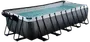 Rektangulær fritstående pool med solid sort metalramme, grå ydre og håndtag i hjørnerne. Fyldt med vand, egnet til udendørs brug, nem at samle, med beskyttelsesovertræk.