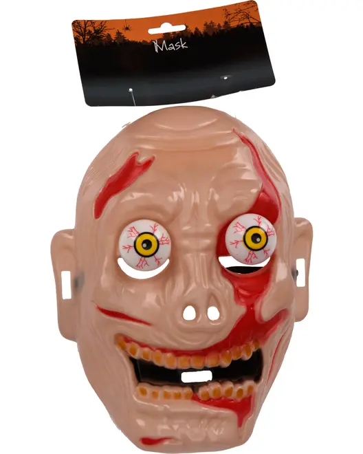 Plastmask i zombiestil med utstående blodsprängda ögon, öppen mun med gula tänder och röda bloddetaljer. Hudfärgad helmask, perfekt för Halloween eller maskerader.