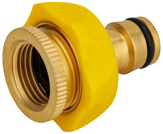 Trädgårdsslangkoppling i mässing med gult plasthandtag, invändig gänga och gummipackningar för tät, läckagefri anslutning till standardslang eller bevattningstillbehör.