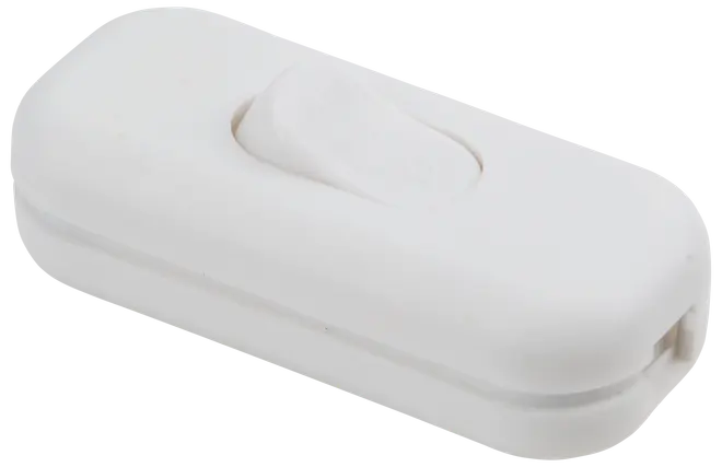 Vit inline vippströmbrytare för elektriska apparater, rektangulär med rundade hörn, enkel på/av-knapp, plasthölje, kompakt och lätt att installera för lampor eller små enheter.