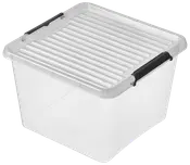 Gennemsigtig plastopbevaringsboks med rillet låg og sorte låsehåndtag på siderne. Perfekt til opbevaring og organisering af diverse husholdnings- eller kontorartikler.