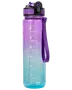 Transparent vandflaske med lilla-til-turkis gradient, sort flip-låg og lilla bærestrop.
