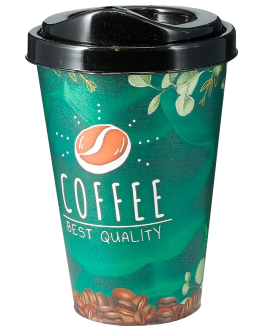 Grøn engangs kaffekop med sort plastlåg, dekoreret med kaffebønner, blade og teksten 'COFFEE BEST QUALITY' i hvid. Velegnet til varme drikke og takeaway.