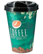 Grøn engangs kaffekop med sort plastlåg, dekoreret med kaffebønner, blade og teksten 'COFFEE BEST QUALITY' i hvid. Velegnet til varme drikke og takeaway.