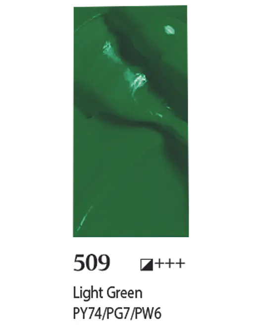 Tube med akvarelfarve, farven Lys Grøn (PY74/PG7/PW6), farveprøve viser rig, dækkende grøn nuance og høj lysegthed (+++).