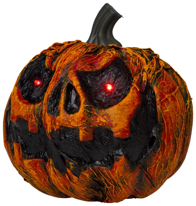 Skrämmande Halloweenpumpa med snett, grinande ansikte, glödande röda LED-ögon, texturerad orange och svart yta samt mörk stjälk. Perfekt för läskig dekoration.