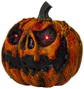 Skrämmande Halloweenpumpa med snett, grinande ansikte, glödande röda LED-ögon, texturerad orange och svart yta samt mörk stjälk. Perfekt för läskig dekoration.