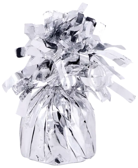 Ballongvikt i silverfolie med glansig, skrynklig yta och dekorativt fransigt topp. Perfekt för att hålla heliumballonger på plats vid fest eller evenemang.