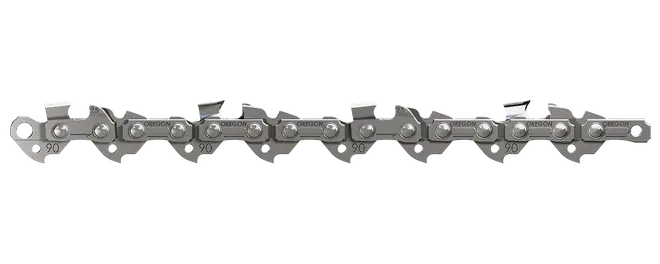 Silverfärgad kedjesågskedja med vassa skärtänder, hållbar stålkonstruktion, designad för effektiv träkapning. Passar olika kedjesågsmodeller, för professionellt och hemmabruk.