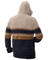Herrtröja med huva, beige, marinblå och bruna horisontella ränder, texturerat stickat tyg, långa ärmar samt ribbade muddar och fåll. Baksidan visas.