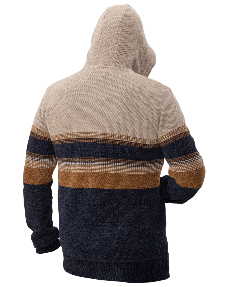 Herrtröja med huva, beige, marinblå och bruna horisontella ränder, texturerat stickat tyg, långa ärmar samt ribbade muddar och fåll. Baksidan visas.