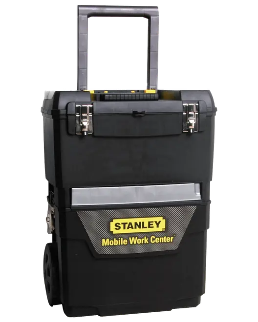 Stanley Mobile Work Center: sort rullende værktøjskasse med udtrækkeligt håndtag, metalspænder, flere rum og hjul. Robust plast, perfekt til organisering og transport af værktøj.