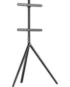 Sort metal TV-stander med trefod og to vandrette monteringsbeslag. Justerbar højde, minimalistisk design, passer til fladskærms-tv. Stabil støtte til hjem eller kontor.