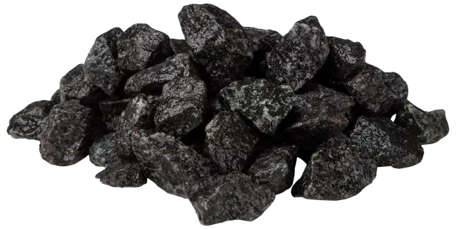 En bunke grove, ujævnt formede sorte sten med mat finish, velegnet til haveanlæg, dekoration eller akvariebrug. Stenene varierer i størrelse og tekstur for et naturligt look.