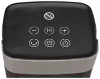 Svart kontrollpanel till luftrenare med touchknappar för ström, timer, läge, fläkthastighet, svängfunktion och filteråterställning. Modern design med tydliga vita ikoner.