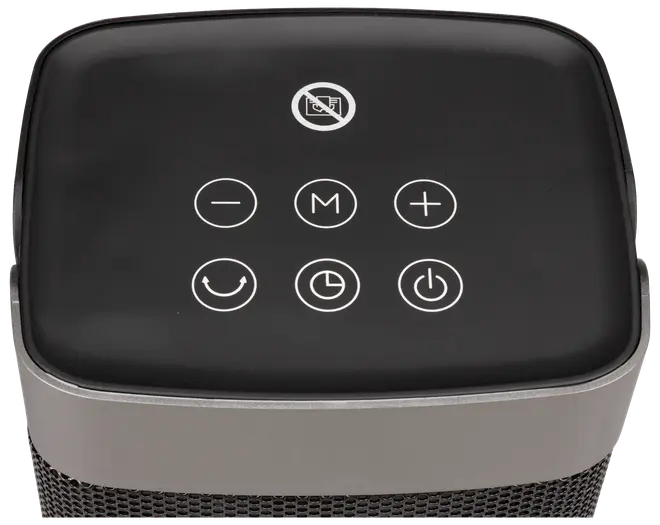 Sort kontrolpanel til luftrenser med touch-knapper til tænd/sluk, timer, tilstand, justering af blæserhastighed, svingfunktion og filterreset. Moderne design med hvide ikoner.