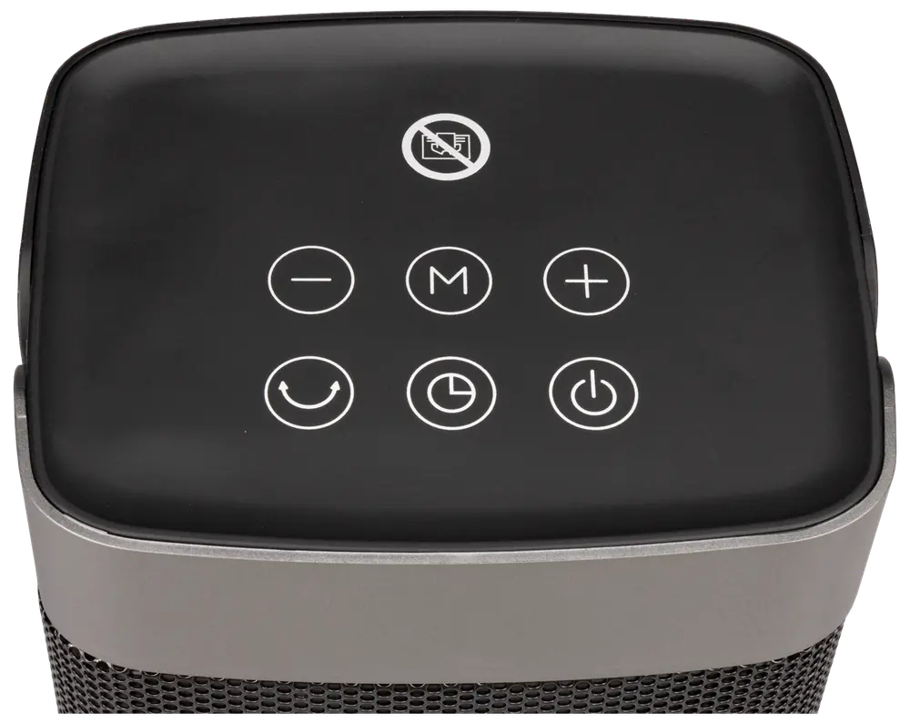 Svart kontrollpanel till luftrenare med touchknappar för ström, timer, läge, fläkthastighet, svängfunktion och filteråterställning. Modern design med tydliga vita ikoner.