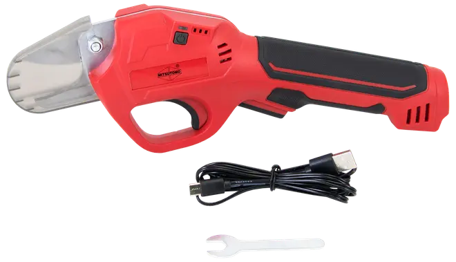 Röd elektrisk sekatör med svart handtag och transparent bladskydd. Levereras med USB-laddkabel och liten skiftnyckel. Perfekt för beskärning och trädgårdsarbete.