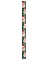 A roll with a dark green background featuring a repeating pattern of classic Santa Claus faces wearing red hats, interspersed with white snowflakes. The design has a festive, vintage holiday feel.