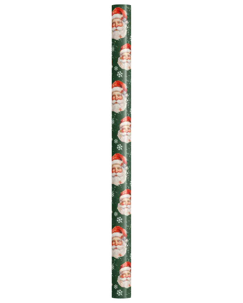 A roll with a dark green background featuring a repeating pattern of classic Santa Claus faces wearing red hats, interspersed with white snowflakes. The design has a festive, vintage holiday feel.