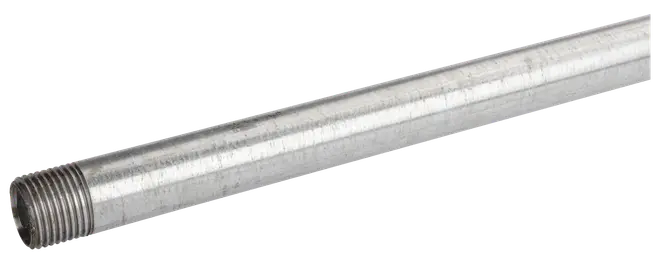 Galvaniseret stålrør med gevind i den ene ende, cylindrisk form, metalfinish, velegnet til VVS eller industri, korrosionsbestandig, lige og ensartet diameter, holdbar konstruktion.