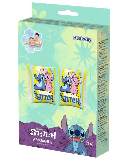 Disney Stitch oppustelige svømmevinger til børn 3-6 år, med farverige Stitch og Angel figurer på gul baggrund. Designet til svømmesikkerhed og komfort.