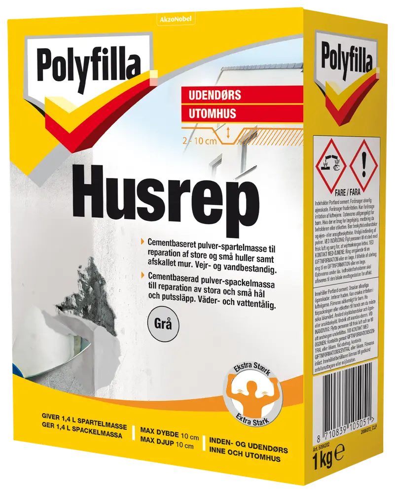 Polyfilla Husrep, 1 kg, grå cementbaseret pulverspartelmasse til reparation af store og små huller i murværk. Vejer- og vandbestandig, ekstra stærk, til inde og ude.