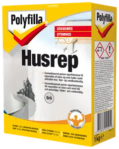 Polyfilla Husrep, 1 kg, grå cementbaseret pulverspartelmasse til reparation af store og små huller i murværk. Vejer- og vandbestandig, ekstra stærk, til inde og ude.