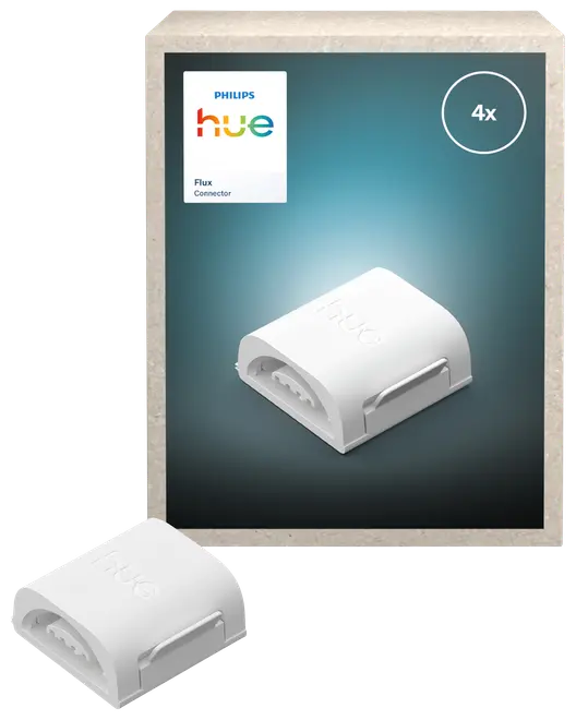 Philips Hue Flux Connector, hvid plast, kompakt design, bruges til at forbinde lysstrips. Pakken indeholder 4 stik, ideel til nem og sikker installation af smart belysning.