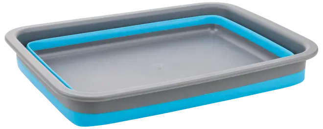 Rektangulær sammenklappelig bakke i grå og blå plast og silikone. Flad bund, høje kanter, nem at rengøre og opbevare, ideel til opbevaring eller servering.