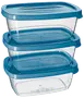 Set med tre rektangulära, genomskinliga plastburkar med blå lock. Stapelbara, återanvändbara och tål diskmaskin. Perfekta för matförvaring eller matlådor.