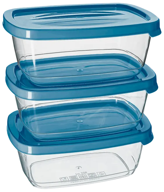 Set med tre rektangulära, genomskinliga plastburkar med blå lock. Stapelbara, återanvändbara och tål diskmaskin. Perfekta för matförvaring eller matlådor.