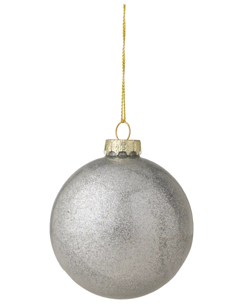 Rundt silverfärgat julgranskulor med glittrig yta, guldfärgad topp och upphängningssnöre. Lätt och okrossbar, perfekt för juldekoration.