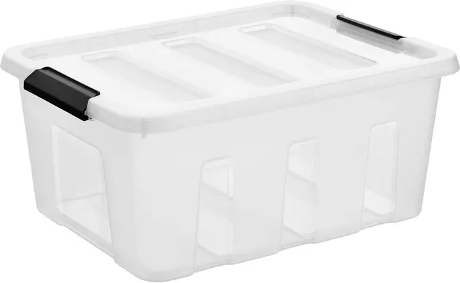Gennemsigtig plastik opbevaringsboks med låg og sorte låsehåndtag. Rektangulær form, stabelbar, ideel til organisering og opbevaring af husholdningsartikler, tøj eller kontorartikler.