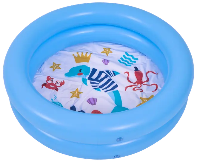 Blå oppustelig børnepool med to ringe og sjovt havtema i bunden med delfin, krabbe, blæksprutte, søstjerner, muslinger og krone. Velegnet til små børn.