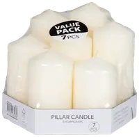 Pakke med 7 duftfri hvide bloklys i forskellige størrelser, cylinderformede. Velegnet til boligindretning eller arrangementer. Leveres i klar plast- og papemballage med 'Value Pack'-mærkat.